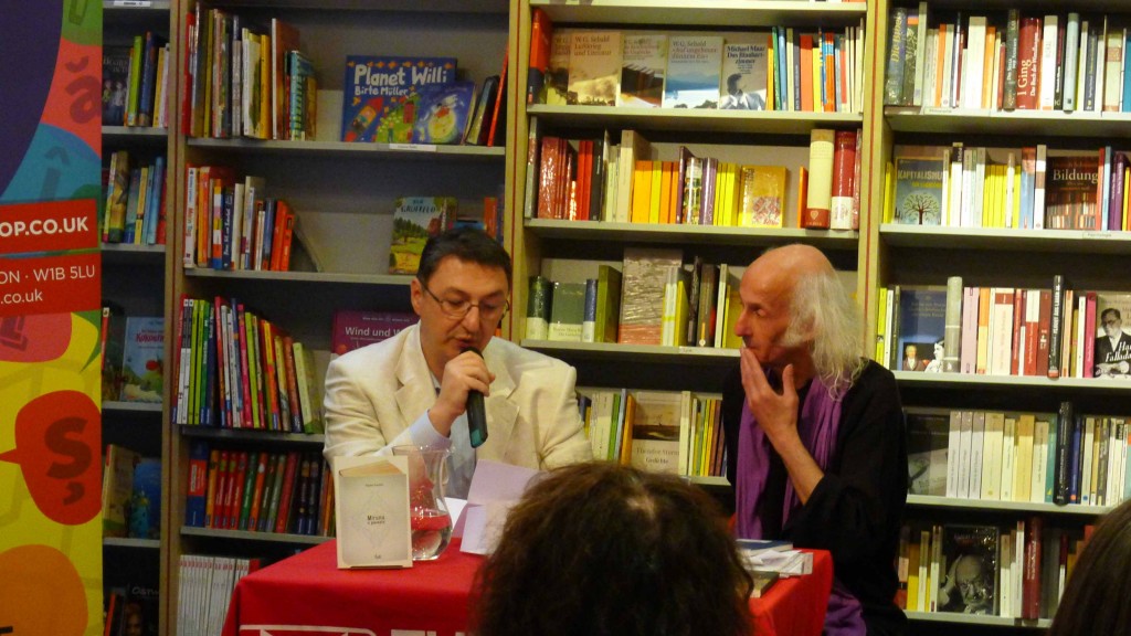 Bogdan Suceavă and the poet Stephen Watts at the book launch of "Miruna, a Tale", at European Bookshop, London, on May 14th, 2014.