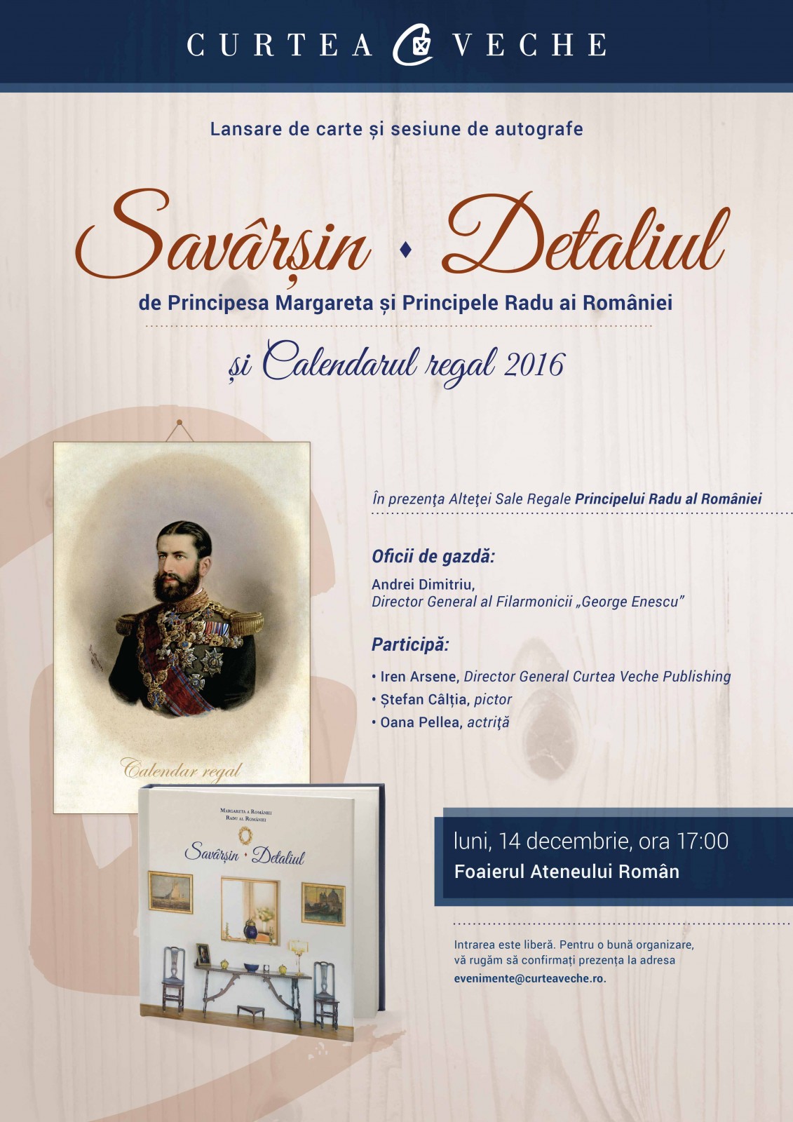 Lansare de carte regală la Ateneul Român pe 14 decembrie:  „Săvârșin. Detaliul” și „Calendar regal 2016”